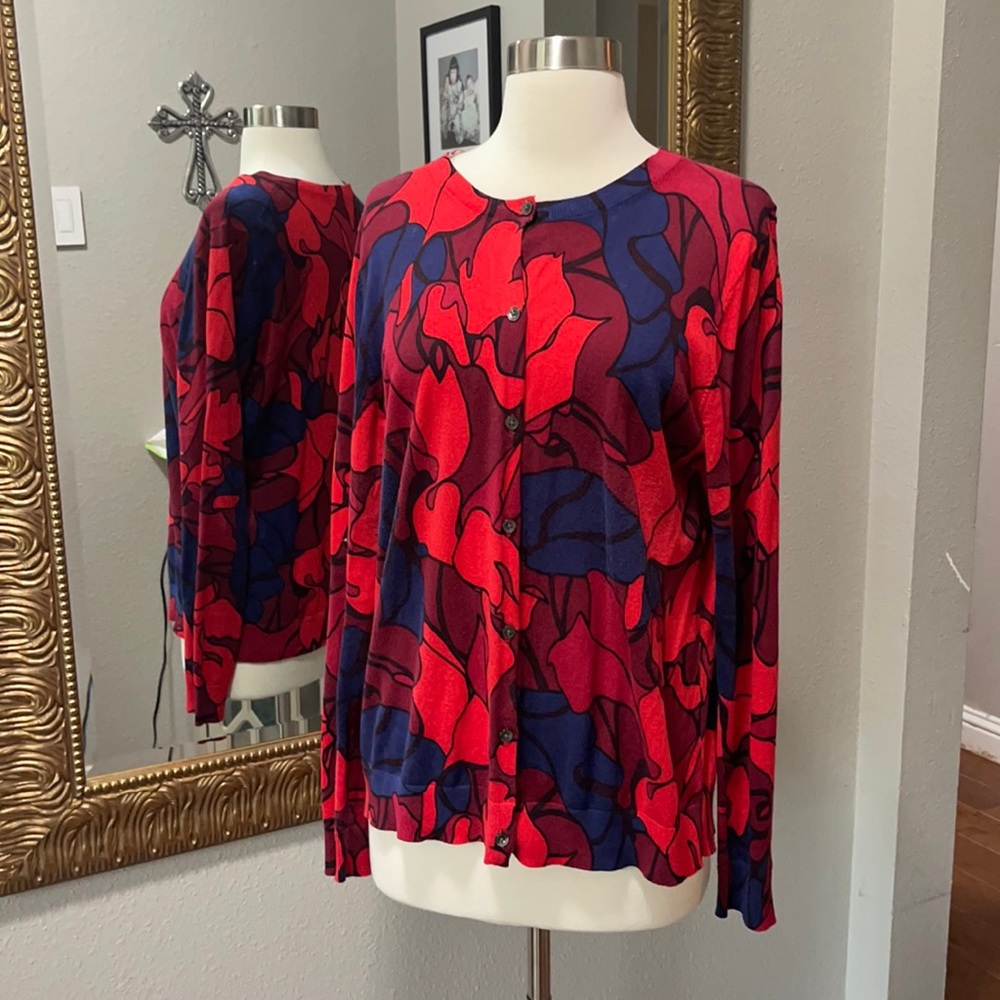 LOFT Red and Blue Abstract Print Cardigan